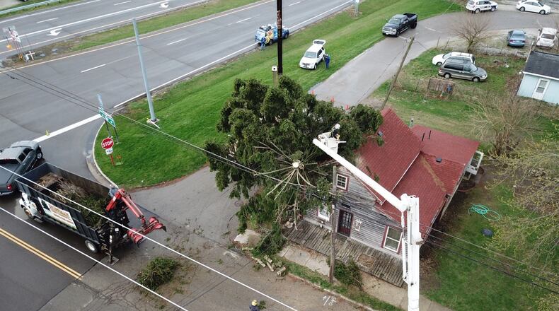 The historic home that sits at the corner of U.S. 40 and Ohio 54 in South Vienna was damaged when strong winds caused a tree to fall into the structure Friday morning April 12, 2019. CHUCK HAMLIN/STAFF