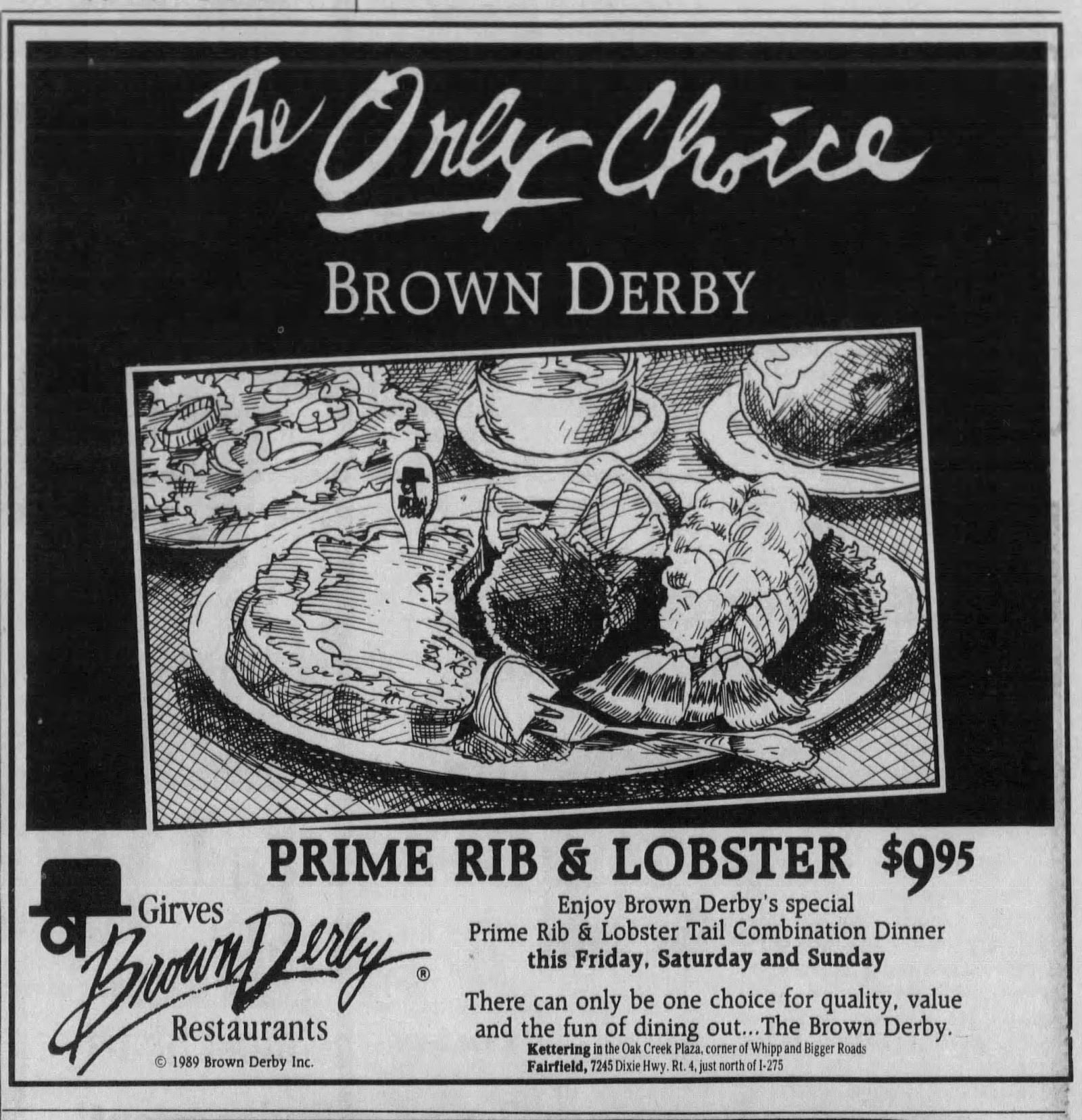 Advertisement for the Brown Derby restaurant from 1989. DAYTON DAILY NEWS ARCHIVES
