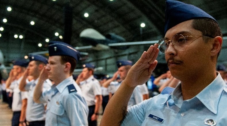 Airmen salute as the National Air and Space Intelligence Center (NASIC) at Wright-Patterson Air Force Base welcomed Col. Ariel Batungbacal as its commander in June.