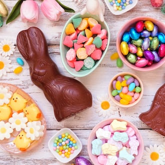 Easter candy table scene. Chocolate bunnies, candy eggs and a variety of sweets. ISTOCK