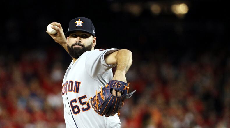 WASHINGTON, DC - OCTOBER 26: Jose Urquidy #65 of the Houston Astros delivers the pitch against the Washington Nationals during the fifth inning in Game Four of the 2019 World Series at Nationals Park on October 26, 2019 in Washington, DC. (Photo by Patrick Smith/Getty Images)