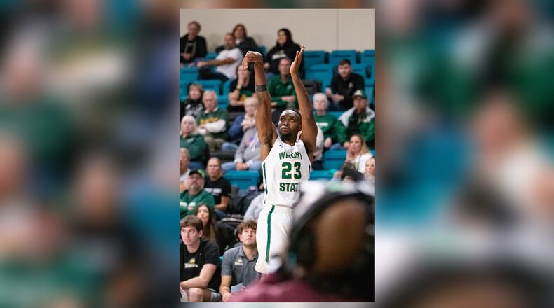 Wright State's Jack Doumbia fires up a shot during a game earlier this season. Doumbia scored 18 of his 20 points in the second half Wednesday in the Raiders' home win over Marshall. Wright State Athletics photo