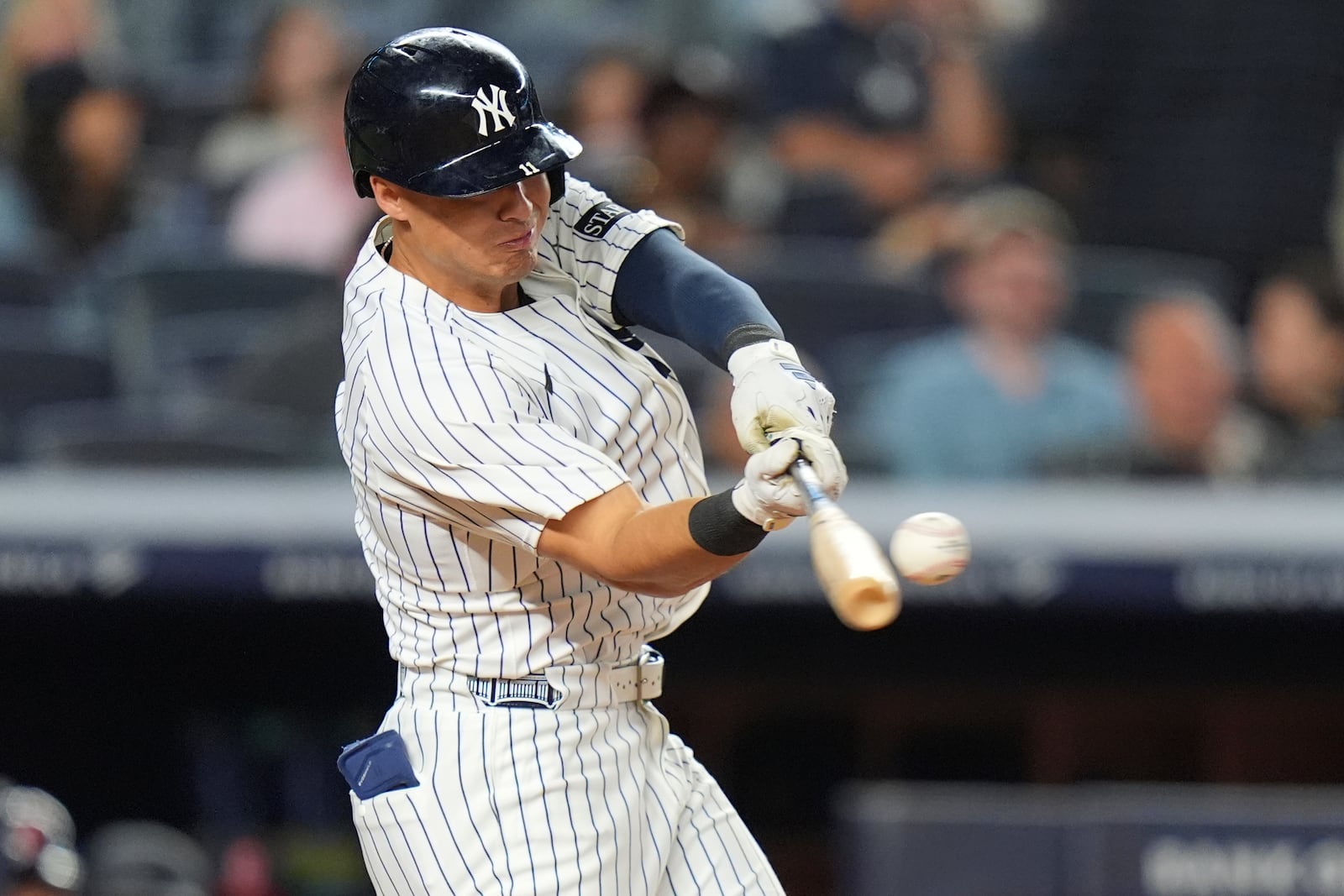New York Yankees' Jazz Chisholm Jr. celebrates with teammates after hitting a home run during the seventh inning of a baseball game against the Cleveland Guardians, Tuesday, June 3, 2025, in New York. (AP Photo/Frank Franklin II)