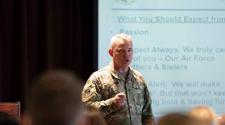 Col. Christopher Meeker, 88th Air Base Wing and installation commander, introduced himself during his first commander’s call Aug. 5, 2022 at Wright-Patterson Air Force Base. U.S. AIR FORCE PHOTO/JAIMA FOGG