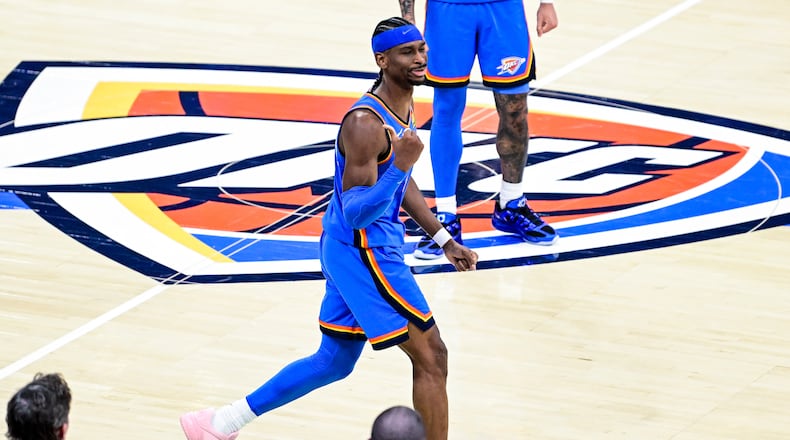 Oklahoma City Thunder guard Shai Gilgeous-Alexander (2) gestures during the second half of an NBA basketball game against the Denver Nuggets Monday, March 9, 2026, in Oklahoma City. (AP Photo/Gerald Leong)