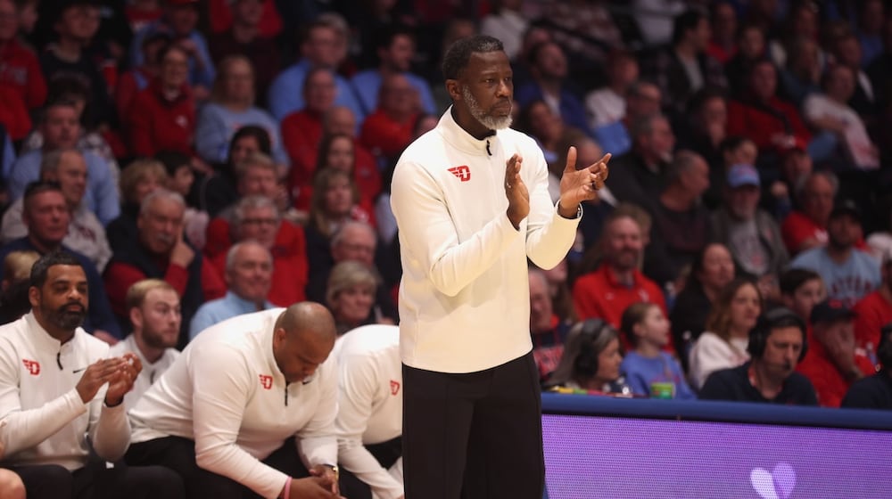 Dayton's Anthony Grant coaches during a game against Duquesne on Saturday, Feb. 21, 2026, at UD Arena. David Jablonski/Staff