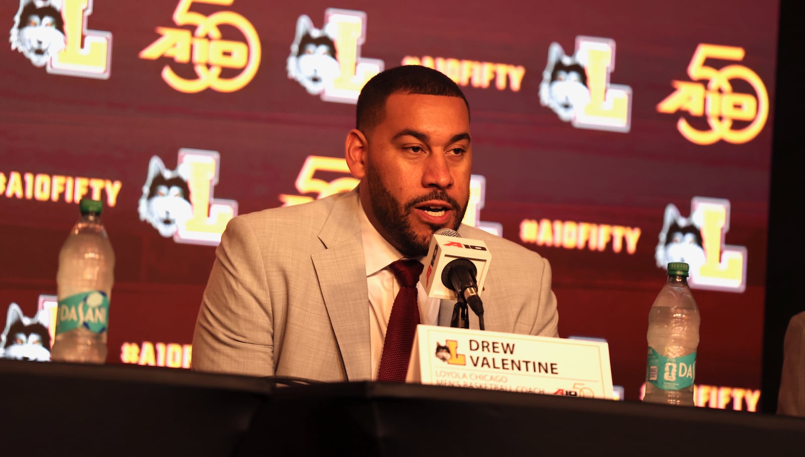 Loyola Chicago's Drew Valentine speaks at Atlantic 10 Conference Media Day on Tuesday, Sept. 30, 2025, in Pittsburgh. David Jablonski/Staff
