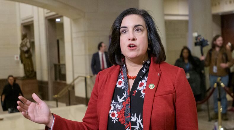 FILE - Rep. Nicole Malliotakis, R-N.Y., talks to reporters following a meeting for President-elect Donald Trump's picks for the planned Department of Government Efficiency at the Capitol, Dec. 5, 2024, in Washington. (AP Photo/Rod Lamkey, Jr., File)
