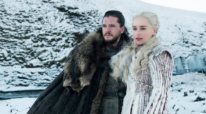 This photo released by HBO shows Kit Harington as Jon Snow, left, and Emilia Clarke as Daenerys Targaryen in a scene from "Game of Thrones," which premiered its eighth season on Sunday.