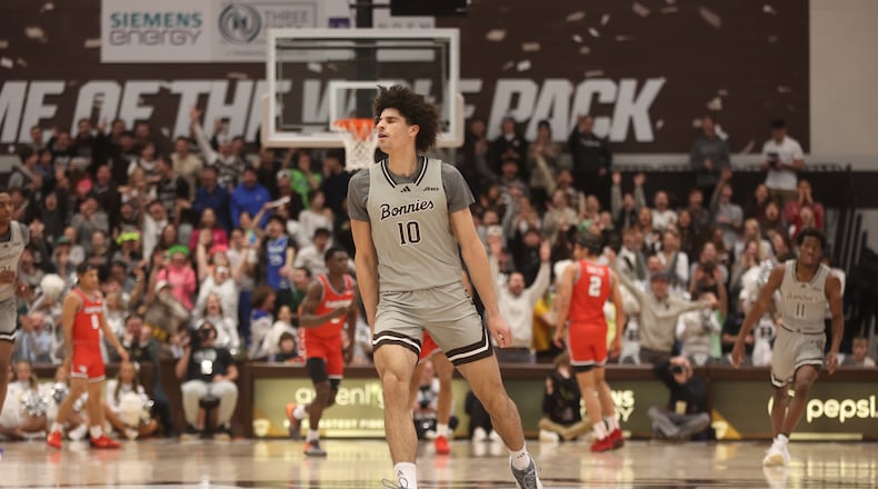 St. Bonaventure's Lajae Jones reacts after making a 3-pointer against Dayton in the first half on Tuesday, Jan. 28, 2025, at the Reilly Center in St. Bonaventure, N.Y.. David Jablonski/Staff