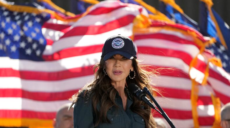 Kristi Noem, Secretary of the Department of Homeland Security, speaks at the border with Mexico, Wednesday, Feb. 4, 2026, in Nogales, Ariz. (AP Photo/Ross D. Franklin)