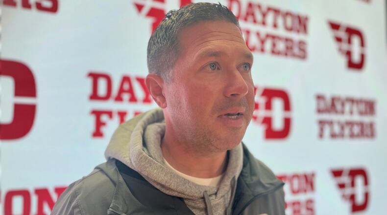 Dayton women's soccer coach Eric Golz talks to reporters on Tuesday, Oct. 24, 2023, at the Cronin Center. David Jablonski/Staff
