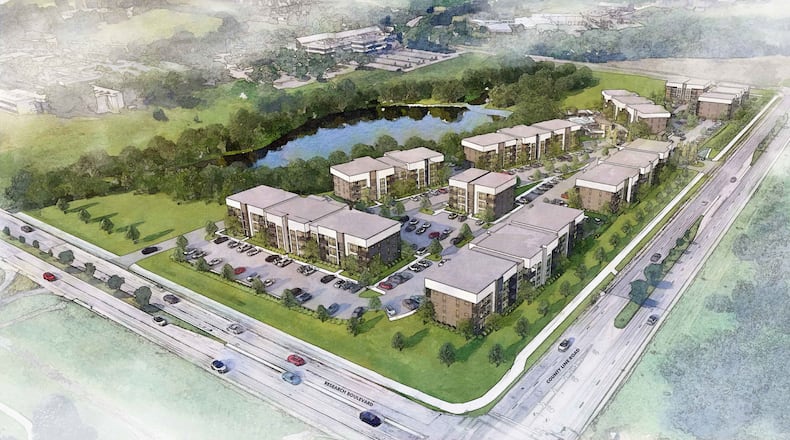 A rendering of the modern, market-rate-plus VC Flats apartments on 28.5 acres within the Miami Valley Research Park in Kettering. The project is the first large multifamily development in the city since the mid-1980s. Amenities include a clubhouse, fitness center, pool, sand volleyball, outdoor patio and rooftop deck overlooking the pond. The apartments are adjacent to the Sixth River office park and surrounded by major employers such as Reynolds & Reynolds, Solvita and Matrix Research. CONTRIBUTED