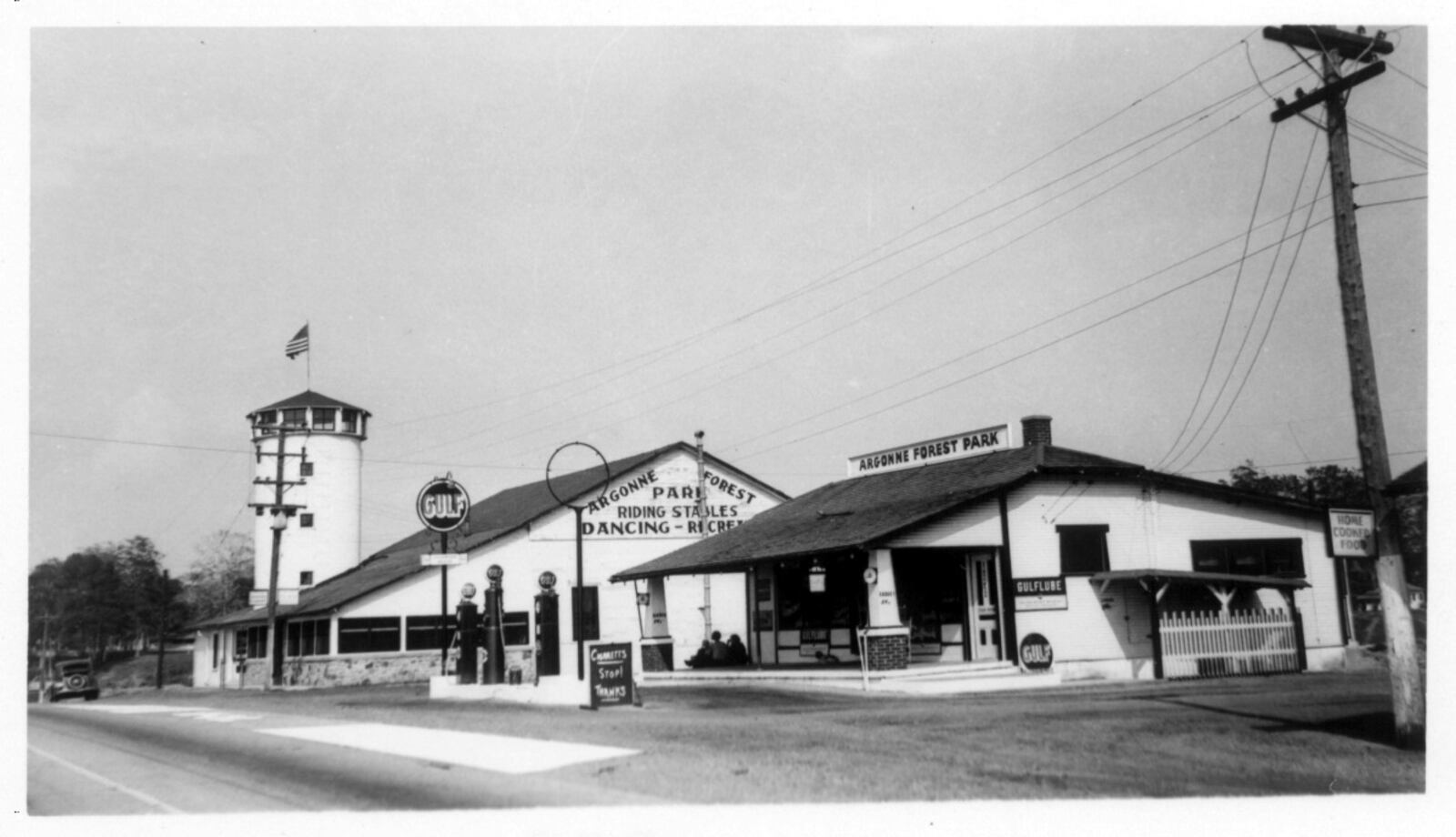 11/22/98; ARGONNE FOREST-C--DAYTON-MONTGOMERY COUNTY PARK DISTRICT PHOTO OF THE OLD 'ARGONNE FOREST' AMUSEMENT PARK WHICH WAS ONCE LOCATED WHERE POSSOM CREEK METRO PARK IS NOW LOCATED. GAS STATION AND RIDING STABLES???? AT THE ARGONNE FOREST PARK. CIRCA 1918-1938.