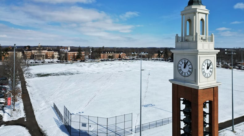 Miami University’s next sports arena may be in the heart of its campus, taking over a large recreational field now used by students, school officials said today after the approval of preliminary planning for the project. Following an executive session Friday afternoon, the school’s governing board of trustees voted to continue the initial concept and design phase for a potentially new multipurpose arena – projected to not exceed $187.7 million - on its Oxford campus and located at Cook Field. (Photo By Nick Graham/Journal-News)