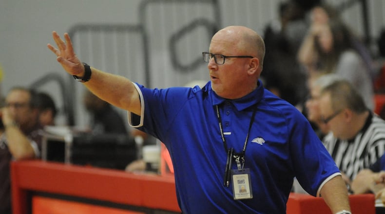 Springboro coach Tom Benjamin. Springboro defeated Lebanon 54-31 in a girls high school basketball D-I sectional final at Troy on Friday, Feb. 24, 2017. MARC PENDLETON / STAFF