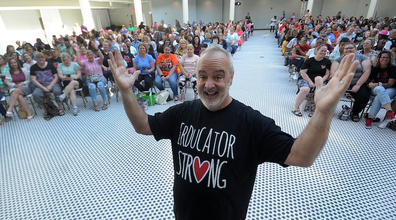 Gerry Brooks, veteran educator and public speaker best known for his humorous social media videos, spoke to DPS teachers at the Dayton Arcade as part of an optional summer professional development session on Wednesday, May 31, 2023. MARSHALL GORBY\STAFF