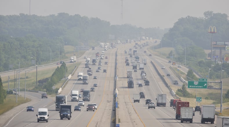 A haze can be seen looking north on I-75 near Middletown Tuesday, June 6, 2023. Smoke from wildfires in Canada has prompted an air quality alert for several southwest Ohio counties. NICK GRAHAM/STAFF