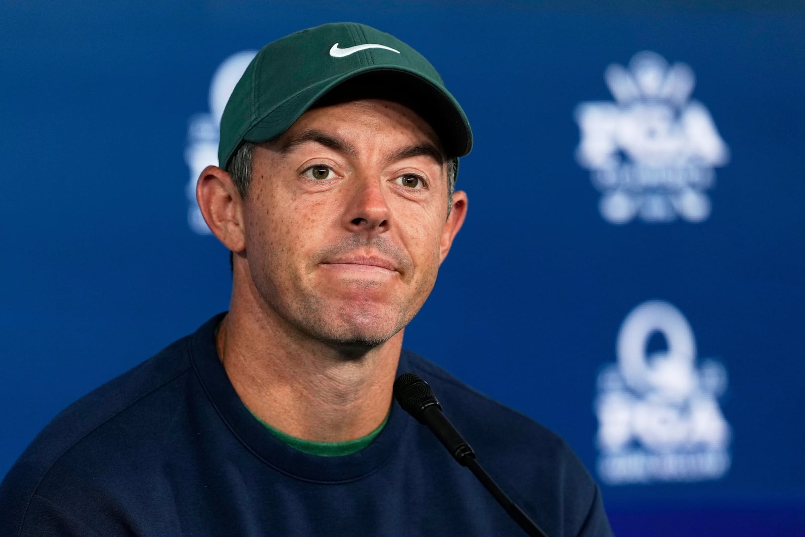 Rory McIlroy, of Northern Ireland, speaks during a news conference at the PGA Championship golf tournament at the Quail Hollow Club, Wednesday, May 14, 2025, in Charlotte, N.C. (AP Photo/Matt York)