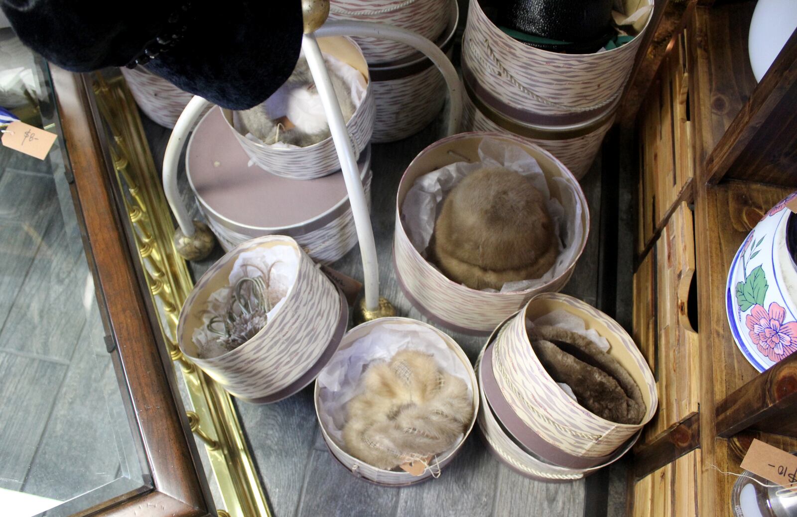 Vintage hats and hat boxes from from the former Rike’s Department store in downtown Dayton are being sold at The Flower Shoppe in Oakwood. Owner Mark Brueninghaus said the hats with a hat box range from about $45 to $95.