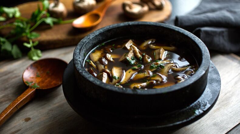Tofu and mushroom soup in New York, Feb. 4, 2016. Three kinds of mushrooms are used in the garlic- and ginger-infused broth for the soup, which the tofu soaks up like a sponge.