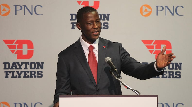 Dayton basketball coach Anthony Grant speaks at his introductory press conference on Saturday, April 1, 2017, at UD Arena. David Jablonski/Staff