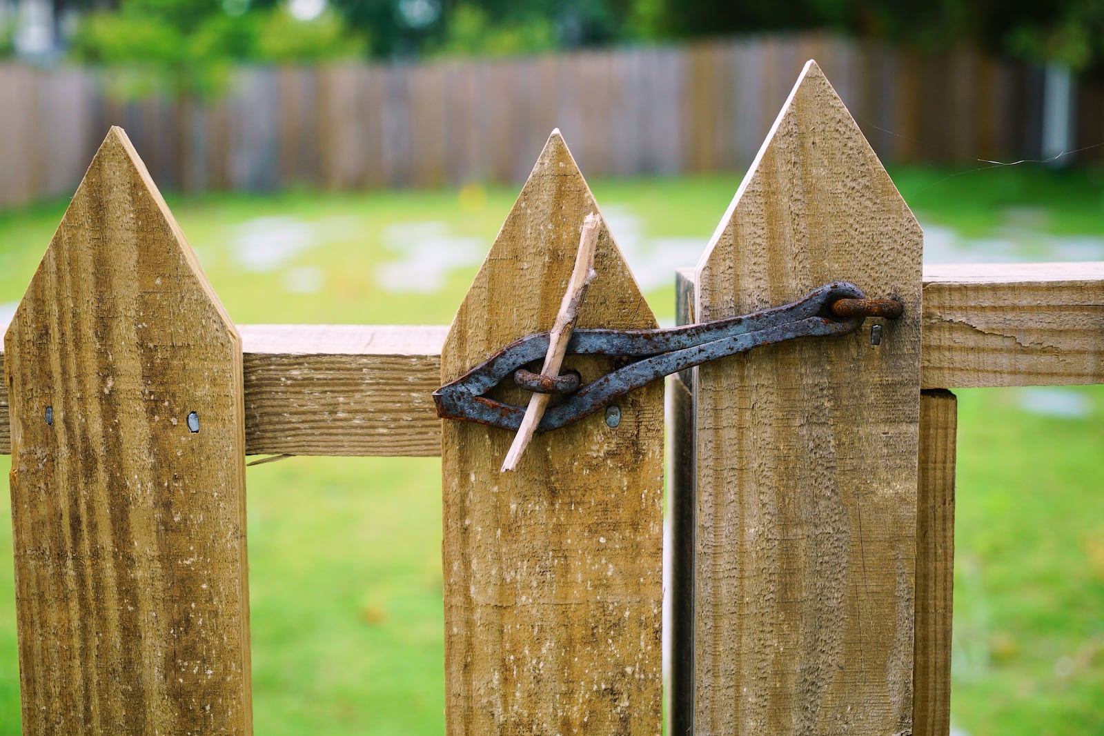 A hand-forged hasp and wooden dowel guard the entrance to the burial ground at the First Baptist Church of Williamsburg in Williamsburg, Va., on May 30, 2025. (AP Photo/Allen G. Breed)