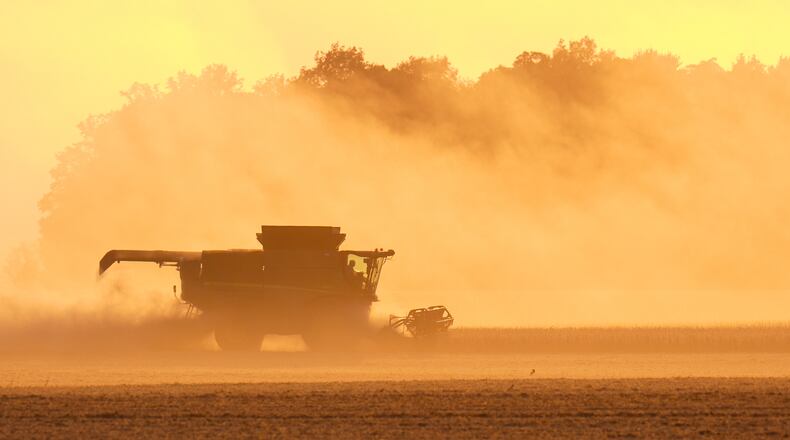 Soybeans are harvested on the Warpup Farm in Warren, Ind., Wednesday, Sept. 17, 2025. (AP Photo/Michael Conroy)