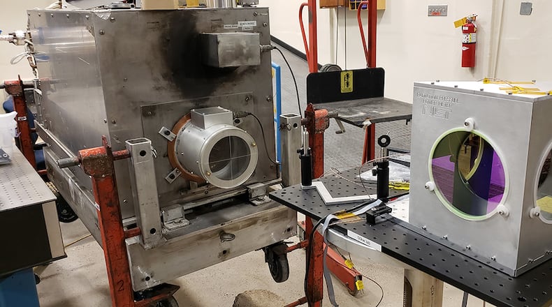 The calorimeter designated Big Bertha 1 (left) will eventually be replaced by the Air Force’s new High Energy Laser standard Radiation Pressure Power Meter (right). COURTESY PHOTO
