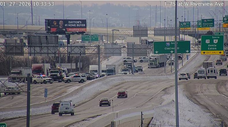 Interstate 75 North was closed at U.S. 35 late Tuesday morning on Jan. 27, 2026, to allow crews to treat the highway for icy conditions. Photo courtesy the Ohio Department of Transportation.