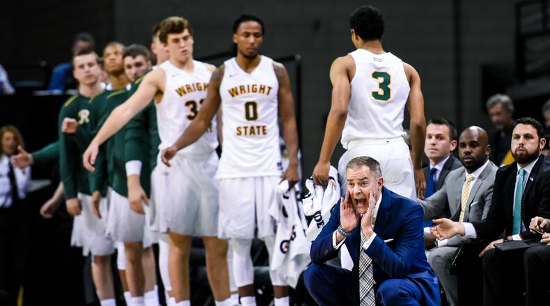 Wright State University head men’s basketball coach Scott Nagy signals to his team from the sideline during their game against Miami University Tuesday, Nov. 15 at the Nutter Center at Wright State University in Fairborn. NICK GRAHAM/STAFF