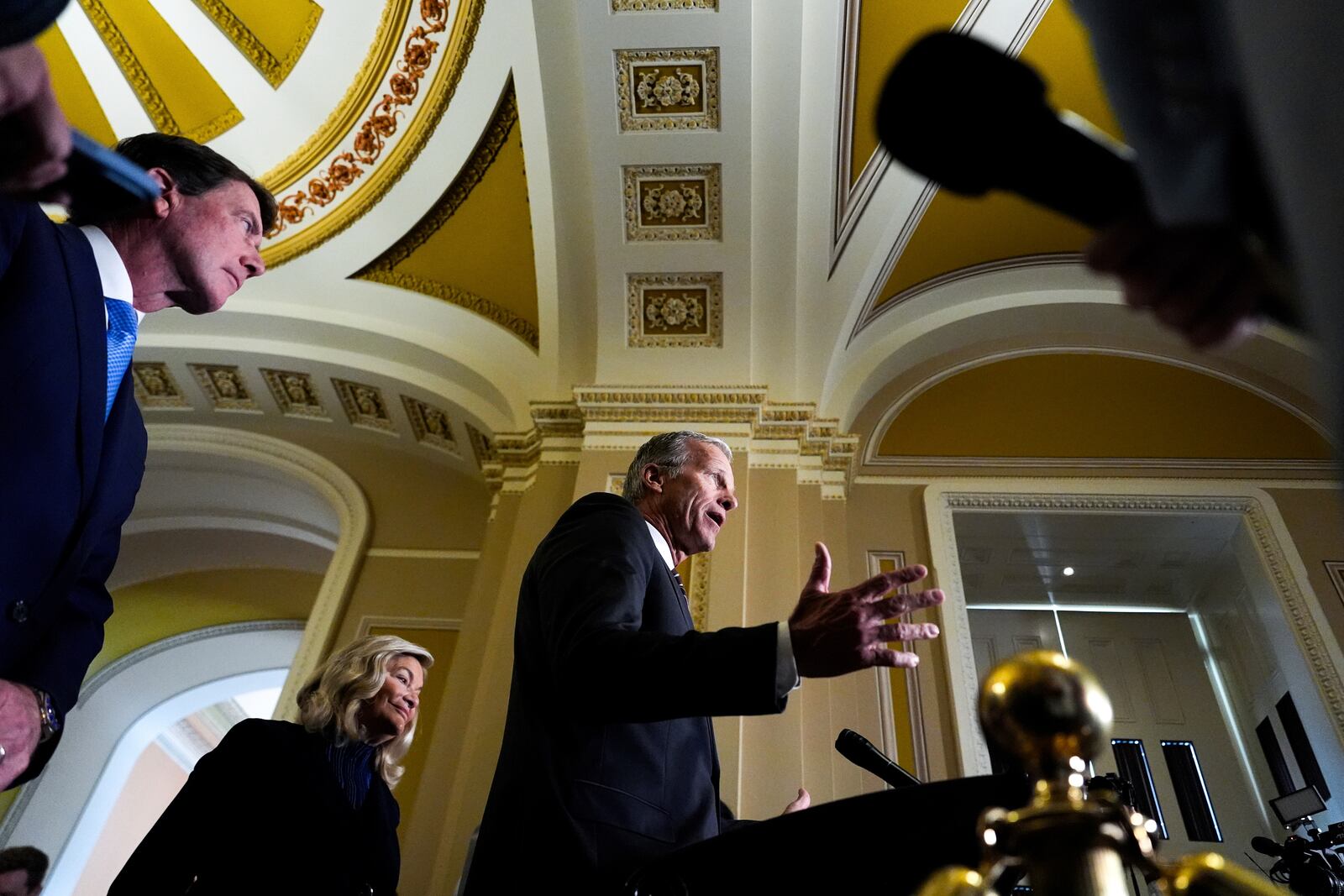 Senate Majority Leader John Thune, R-S.D., speaks to reporters at the U.S. Capitol, Tuesday, May 20, 2025, in Washington. (AP Photo/Julia Demaree Nikhinson)