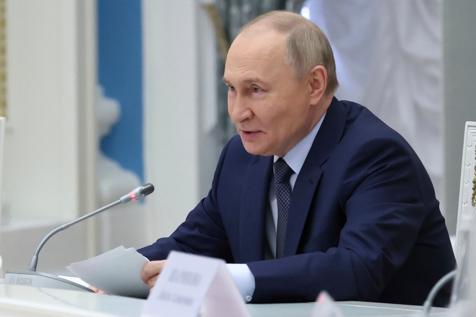 Russian President Vladimir Putin holds a meeting of the Russia - Land of Opportunities Supervisory Board at the Kremlin in Moscow, Russia, Tuesday, May 27, 2025. (Alexander Kazakov, Sputnik, Kremlin Pool Photo via AP)