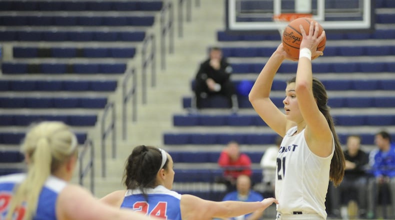 Maddy Westbeld of Fairmont (with ball) scored a game-high 18 points. Carroll defeated host Fairmont 64-60 in double OT in a girls high school basketball game at Trent Arena on Monday, Jan. 28, 2019. MARC PENDLETON / STAFF