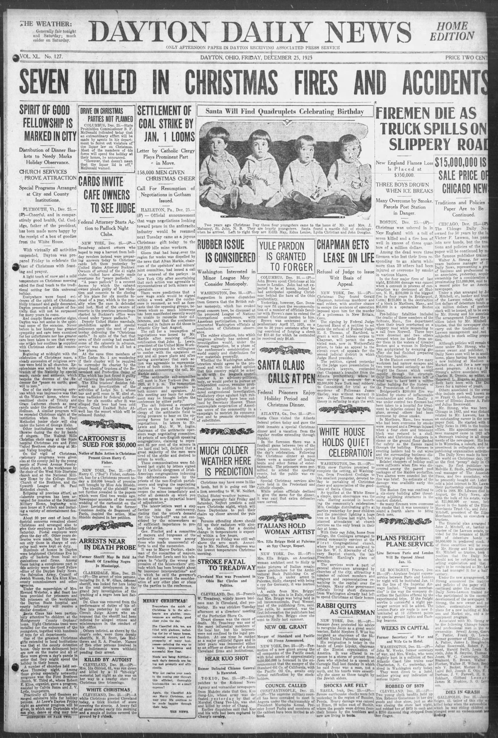 The Christmas Day front page of the Dayton Daily News from 1925. DAYTON DAILY NEWS ARCHIVES