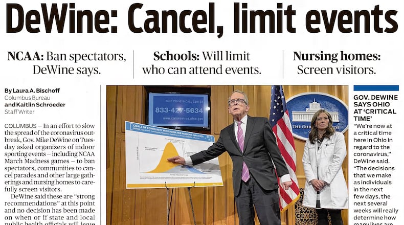 The front page of the Dayton Daily News, March 11, 2020. DAYTON DAILY NEWS ARCHIVES