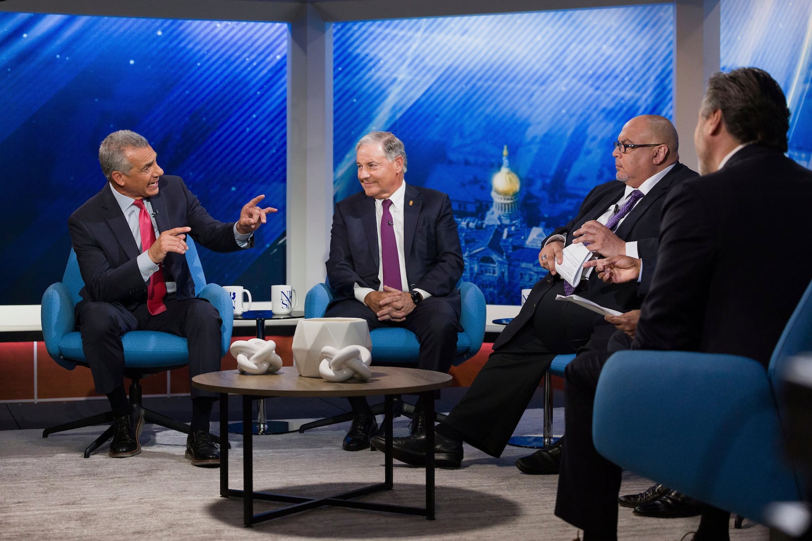 FILE - Candidates former Assemblyman Jack Ciattarelli, from left, State Senator Jon Bramnick, moderator and NJ PBS Chat Box host David Cruz and candidate former radio personality Bill Spadea, discuss the issues during the New Jersey Republican gubernatorial primary debate at NJ PBS Studios, Wednesday, May 7, 2025, in Newark, N.J. (Steve Hockstein/NJ Advance Media via AP, Pool, File)