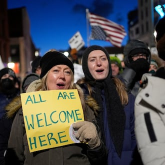Protesters rally against the presence of U.S. Immigration Customs Enforcement in Maine, Friday, Jan. 23, 2026, in Portland, Maine. (AP Photo/Robert F. Bukaty)