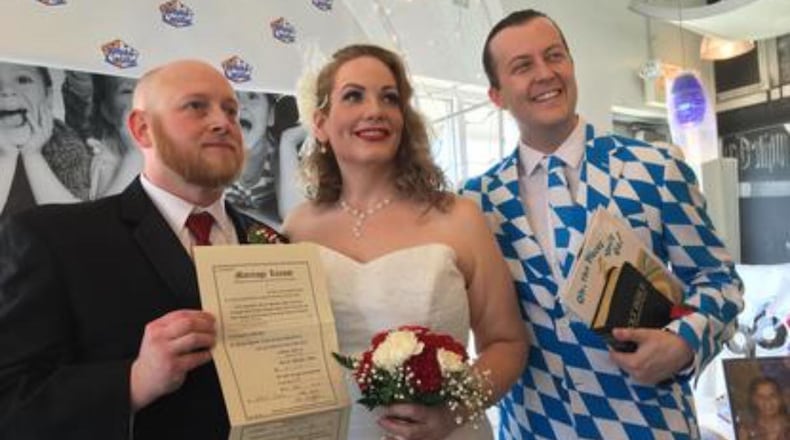 Nicole Xique and Brian Breezley tied the knot in an very unconventional way on Friday, April 13, as they exchanged their weddings vows at a White Castle in Cincinnati after winning a radio station’s wedding contest. CONTRIBUTED