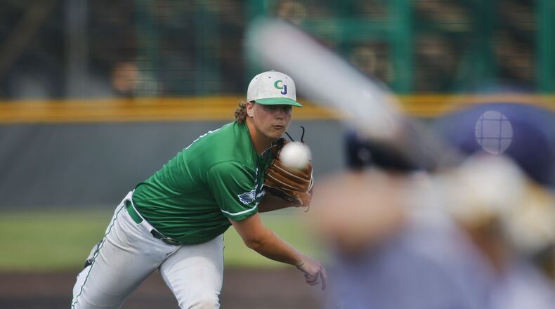 Chaminade Julienne's Jackson Frasure pitches during their 5-1 win over Cincinnati Hills Christian Academy in their regional semifinal baseball game Thursday, June 1, 2023 in Mason. NICK GRAHAM/STAFF