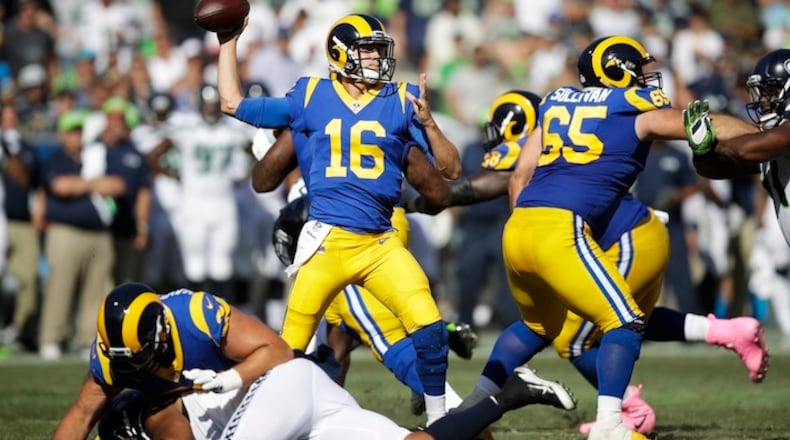 Los Angeles Rams quarterback Jared Goff throws a pass during an NFL football game against the Seattle Seahawks Sunday, Oct. 8, 2017, in Los Angeles. (AP Photo/Jae C. Hong)