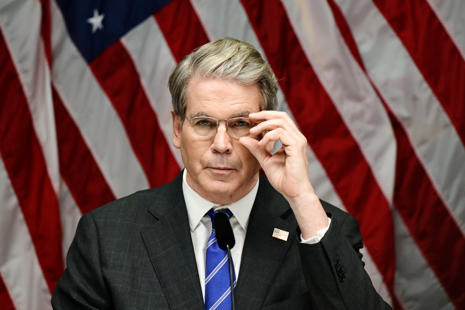 US Treasury Secretary Scott Bessent during a press conference after the trade talks between the US and China in Stockholm, Sweden, Tuesday, July 29, 2025. (Magnus Lejhall/TT News Agency via AP)