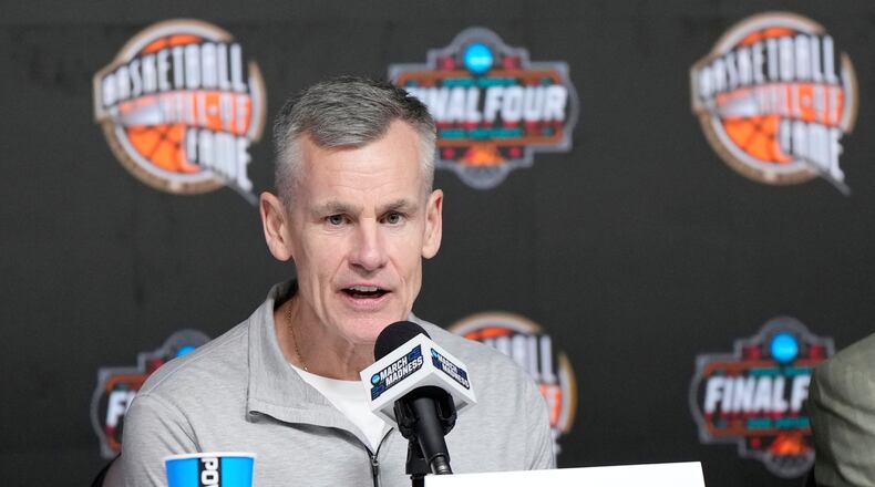 Billy Donovan speaks during a Naismith Hall Fame Class of 2025 inductee news conference at the Final Four of the NCAA college basketball tournament Saturday, April 5, 2025, in San Antonio. (AP Photo/David J. Phillip)