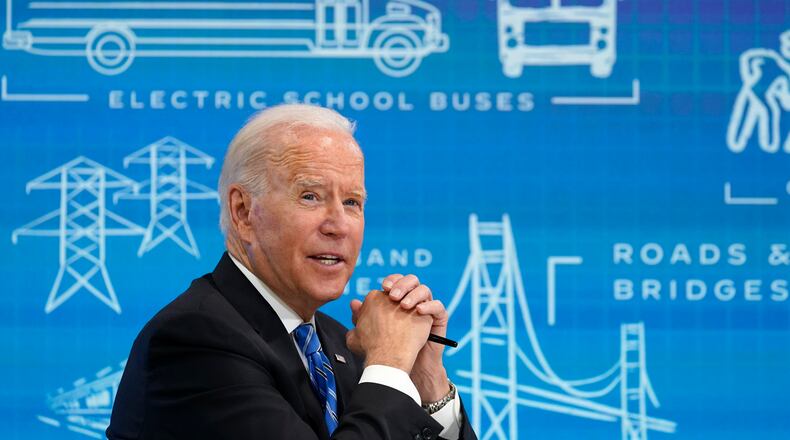 President Joe Biden speaks during a virtual meeting from the South Court Auditorium at the White House complex in Washington, Wednesday, Aug. 11, 2021, to discuss the importance of the bipartisan Infrastructure Investment and Jobs Act. (AP Photo/Susan Walsh)