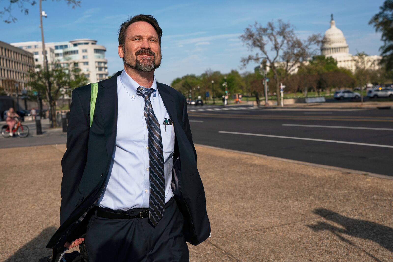 Daniel Matheson, a lawyer for the Federal Trade Commission, departs following the first day of a historic antitrust trial about Meta CEO Mark Zuckerberg's intentions in acquiring Instagram, at Barrett Prettyman United States Court House in Washington, Monday, April 14, 2025. (AP Photo/Nathan Howard)