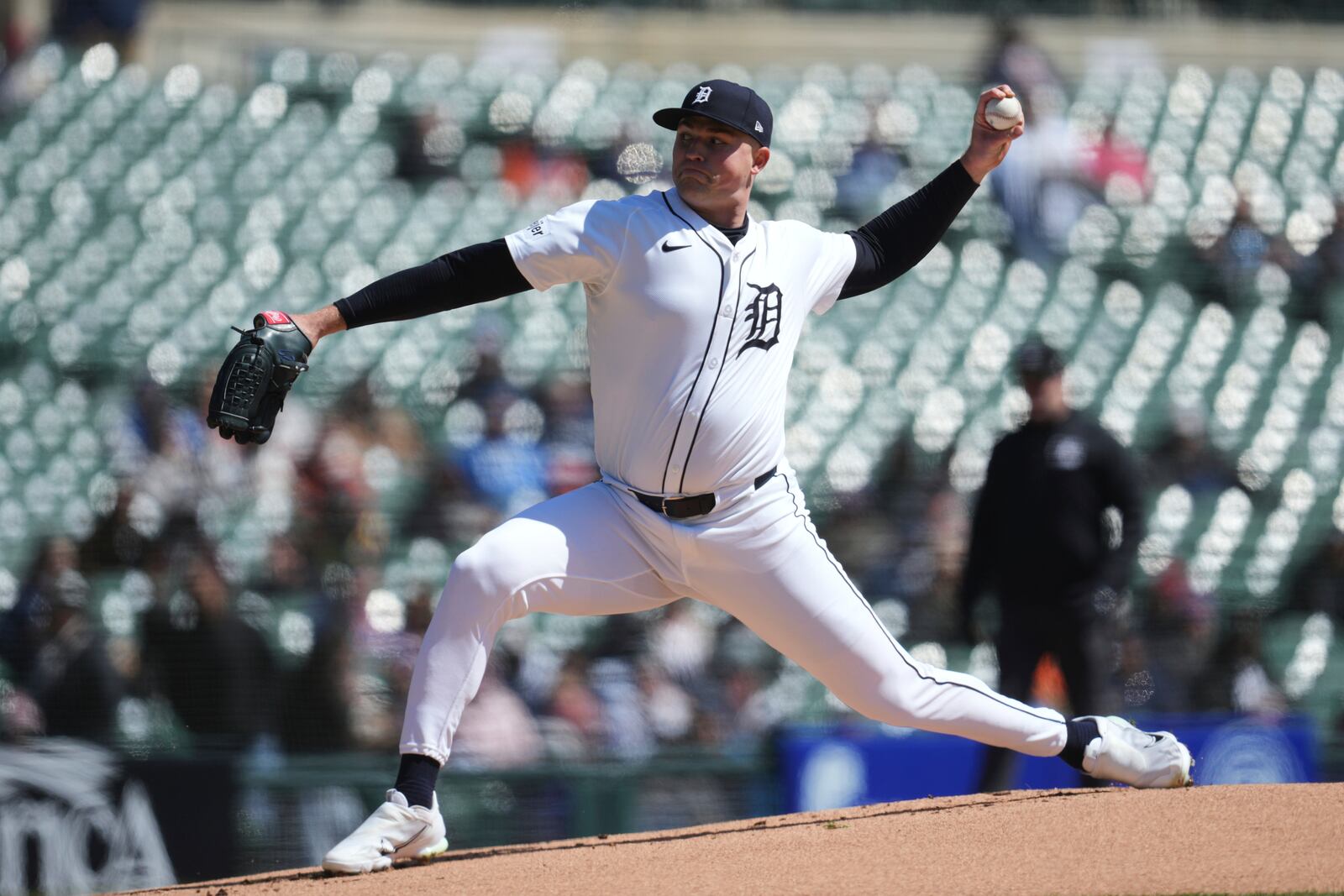 Detroit Tigers pitcher Tarik Skubal throws against the New York Yankees in the first inning of a baseball game, Tuesday, April 8, 2025, in Detroit. (AP Photo/Paul Sancya)