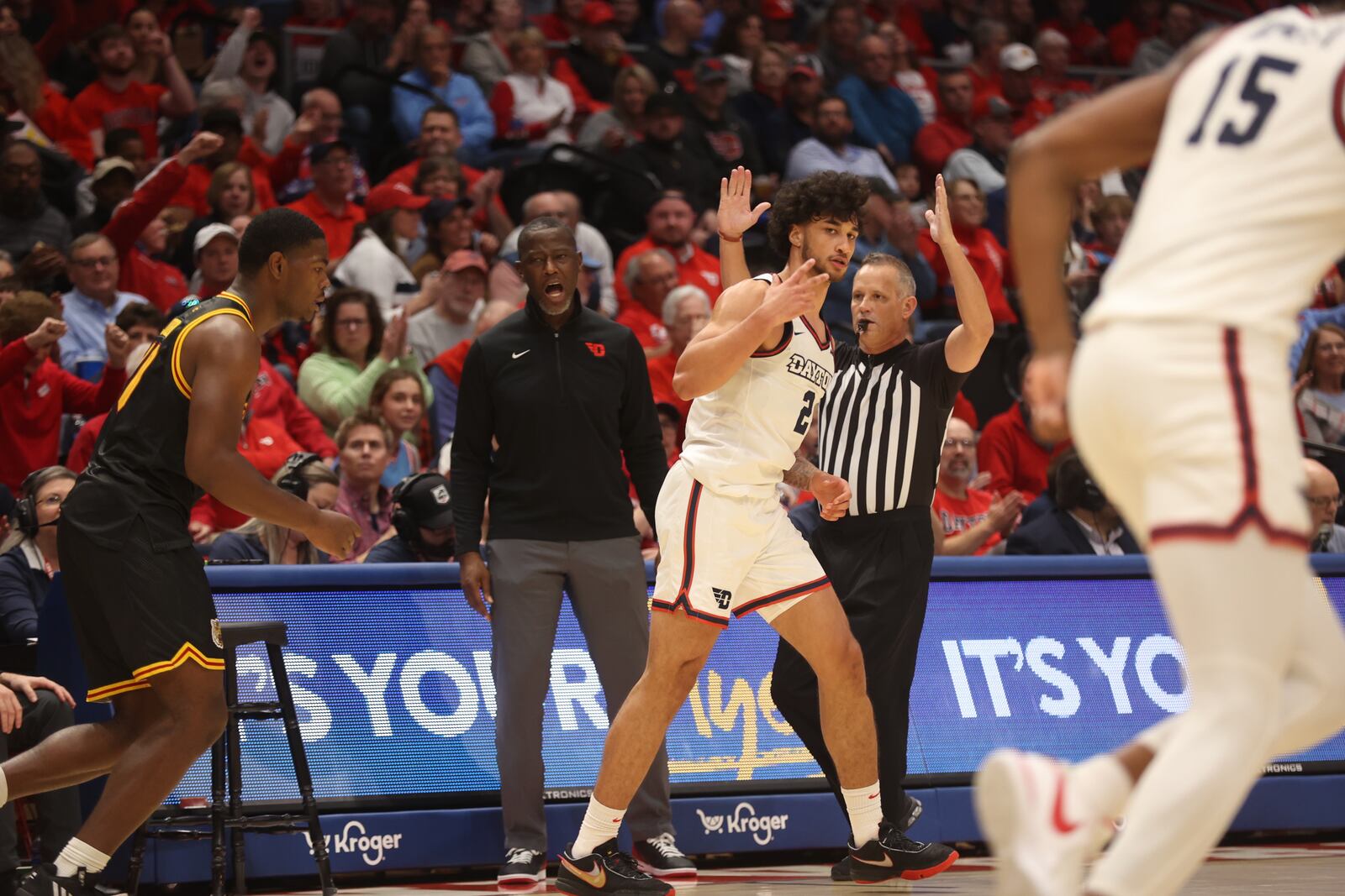 Dayton's Nate Santos celebrates after making a 3-pointer against Grambling State on Saturday, Dec. 2, 2023, at UD Arena. David Jablonski/Staff
