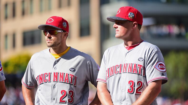 SAN DIEGO, CA - JULY 12: Adam Duvall #23 of the Cincinnati Reds and teammate Jay Bruce #32 look on prior to the 87th Annual MLB All-Star Game at PETCO Park on July 12, 2016 in San Diego, California. (Photo by Harry How/Getty Images)