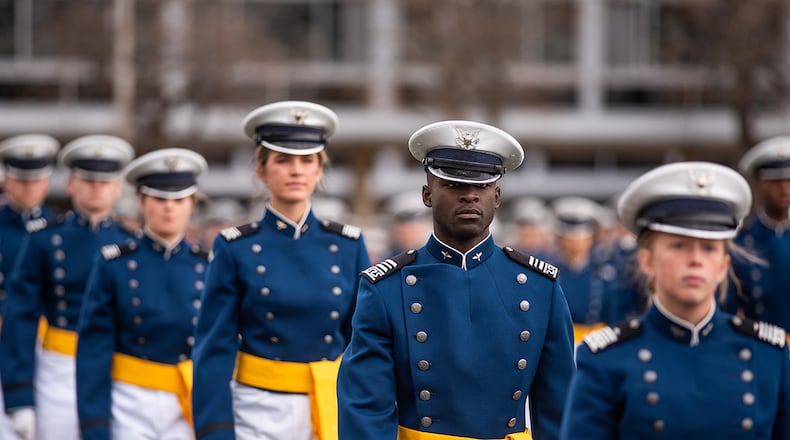Cadets march onto the terrazzo to start the Air Force Academy’s class of 2020 graduation ceremony in Colorado Springs, Colorado, on April 18, 2020. There were 967 cadets who crossed the stage to become the Air Force/Space Force’s newest second lieutenants. U.S. AIR FORCE PHOTO/ANA SIQUEIROS