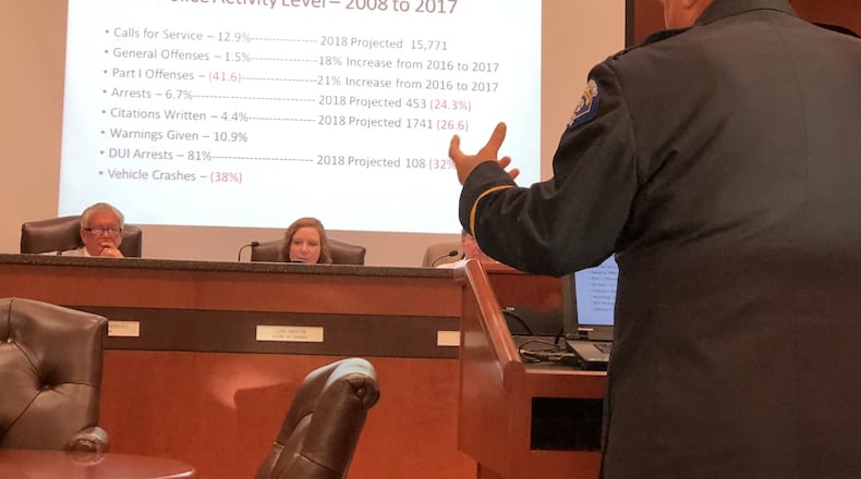 Springboro Police Chief Jeff Kruithoff urges the city council to budget for four new officers by 2020. Staff photo by Lawrence Budd